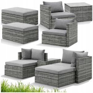 ZESTAW Mebli OGRODOWYCH Narożnik MODUŁOWY Fotel Stolik Podnóżek Rattan